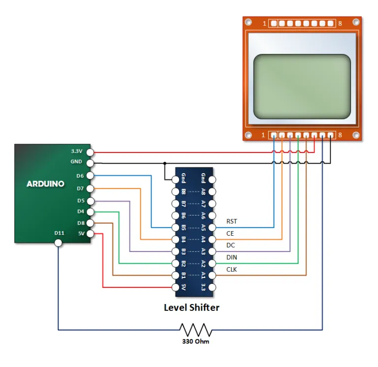 Arduino Nokia 5110 U8GLIB Tutorial Hook Up with Level Shifter