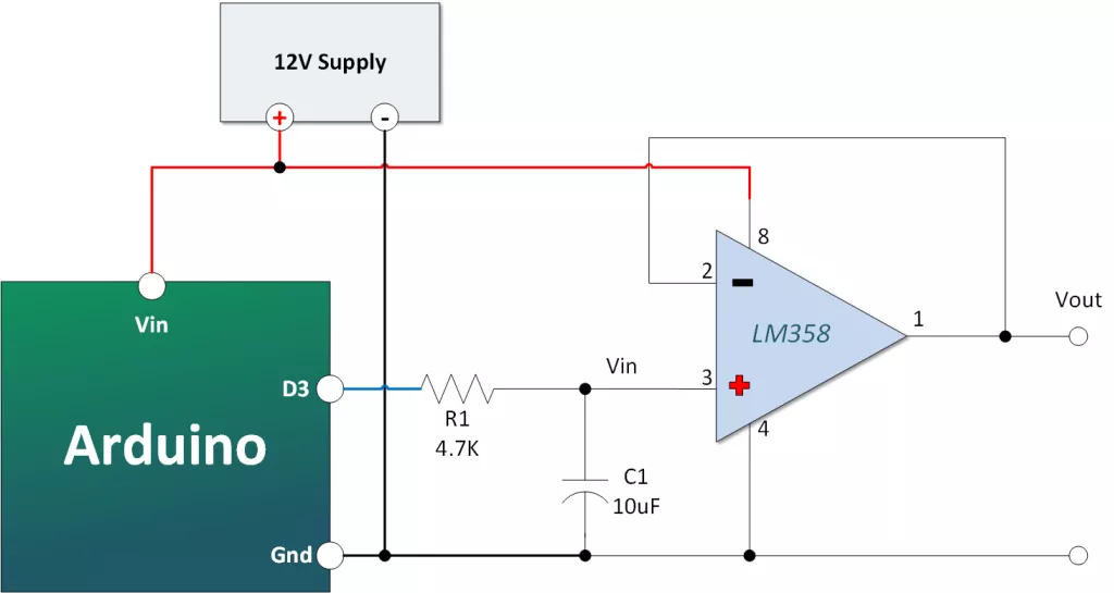 LM358 PWM to DC Converter Arduino Hookup
