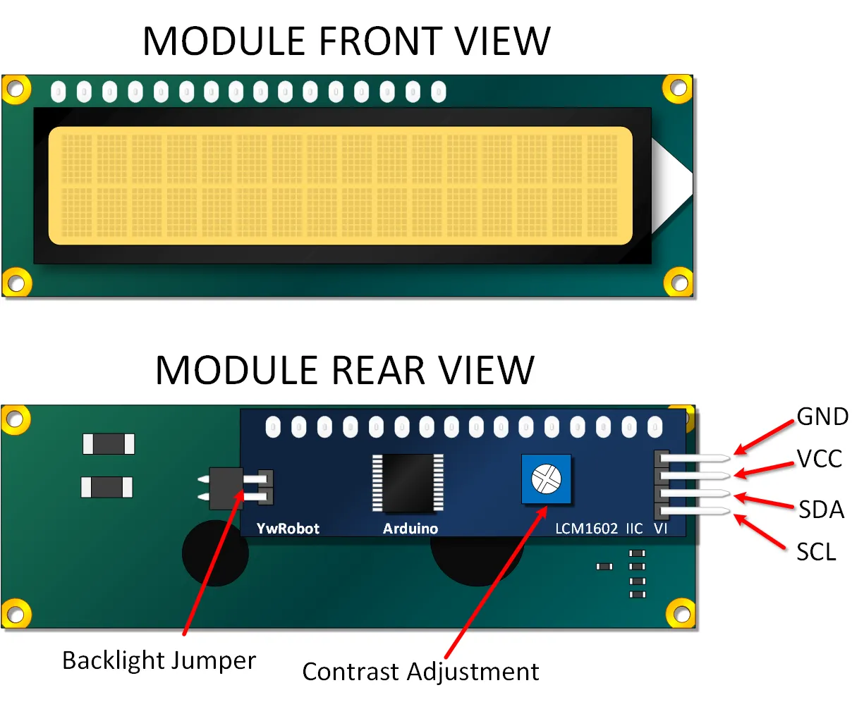 YWRobot LCM1602 I2C V1 Pinouts and Features